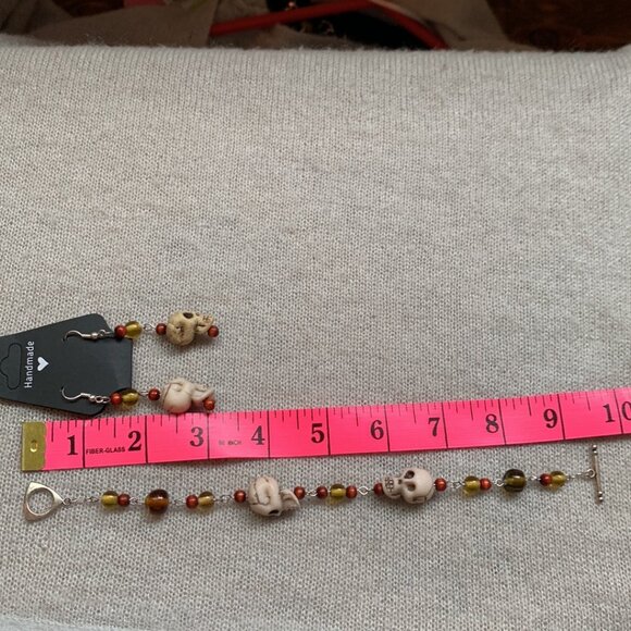 💀 Handmade Skull Bracelet & Earrings Set (Beige, Amber & Brown) - Picture 12 of 12